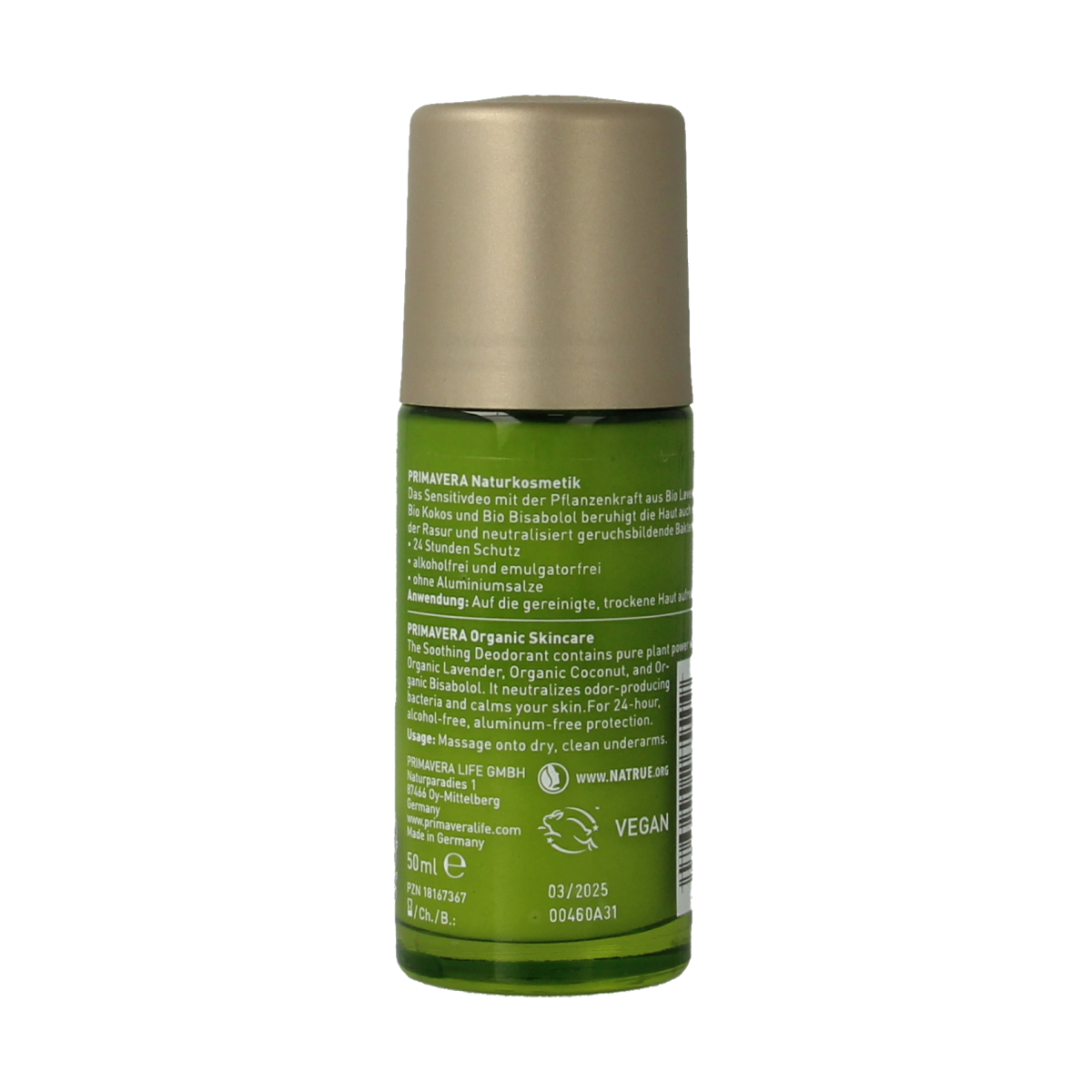 Primavera relaxing soothing deodorant 50ml bottle with a white cap and gentle label design, designed for freshness and comfort.