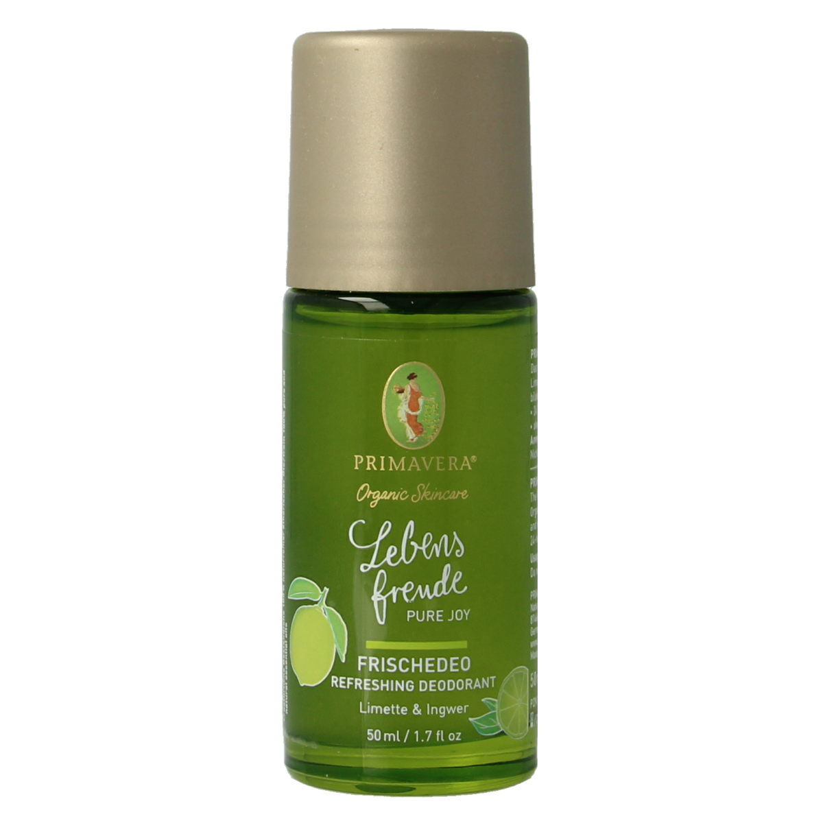 Primavera Pure Joy deodorant spray, 50ml bottle with floral and citrus design, fresh and refreshing personal care product