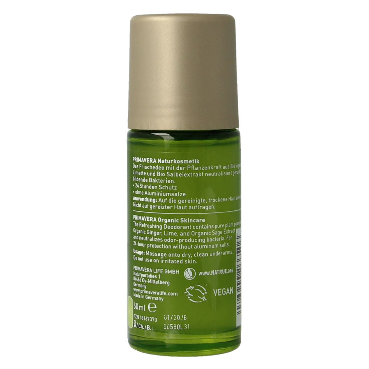 Primavera Pure Joy deodorant spray in 50ml, featuring a refreshing and floral scent, with a sleek white and colorful packaging.