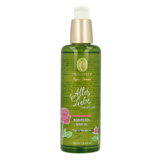 Primavera Sweet Love body oil in 100ml bottle, nourishing body care product with floral scent and smooth texture.