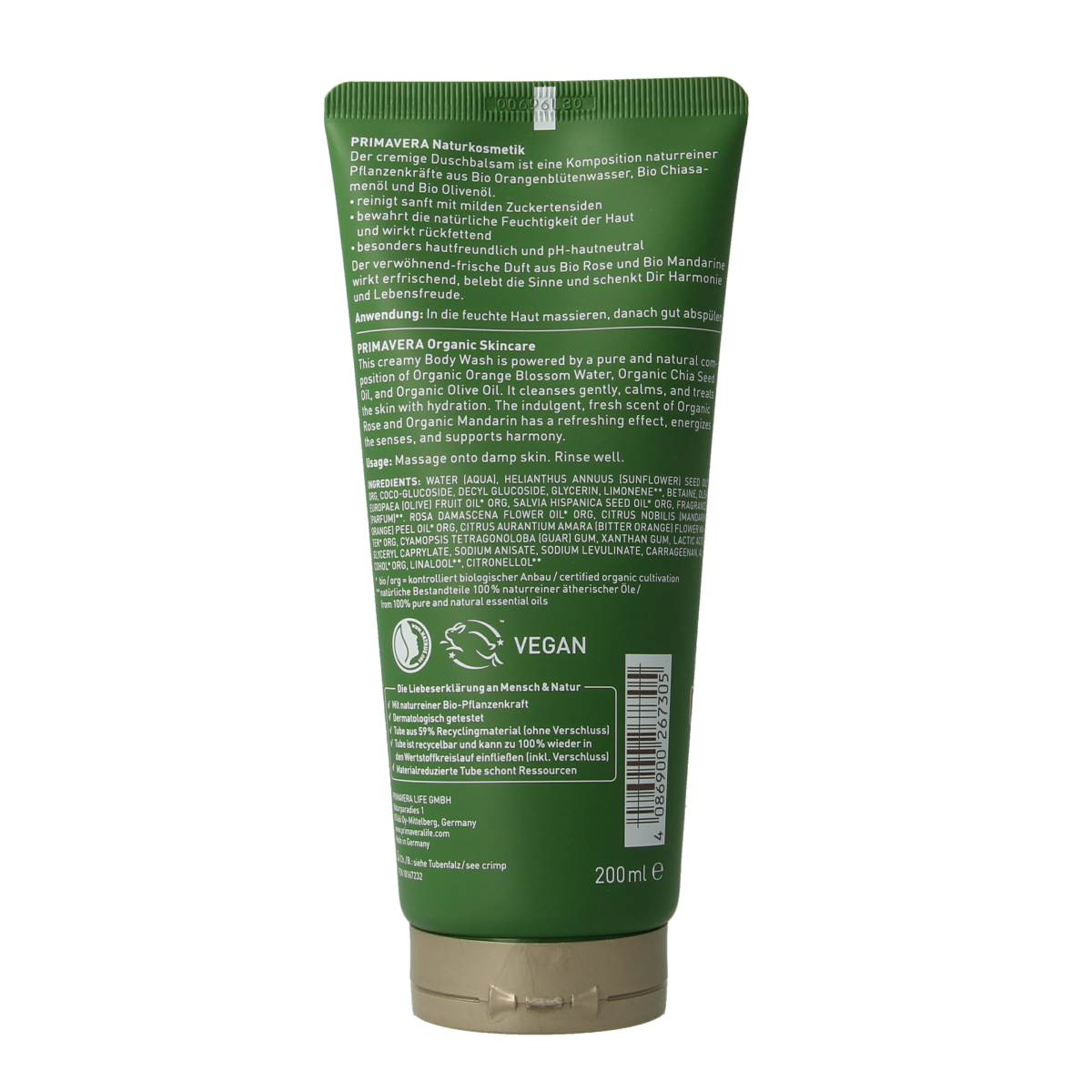 Primavera Sweet Love body wash in a 200ml bottle, featuring a floral and fruity scent, suitable for a refreshing shower experience.