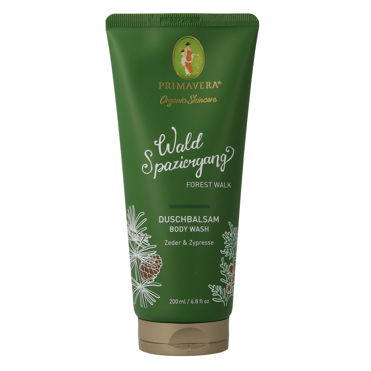 Primavera Forest Walk body wash 200ml in a clear bottle with green and brown botanical label, suitable for shower use.