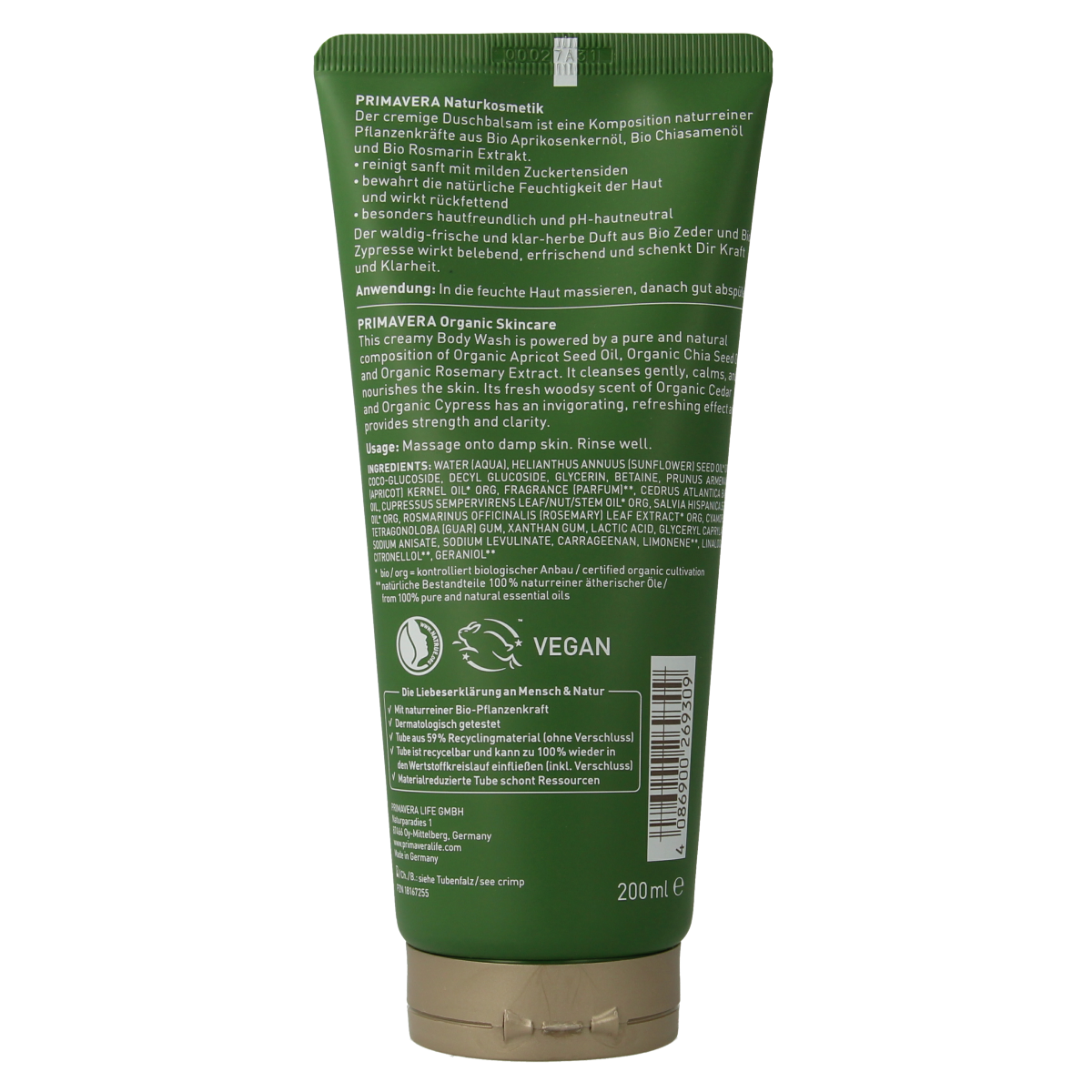 Primavera Forest Walk body wash 200ml in a clear bottle with green and brown forest-themed label.