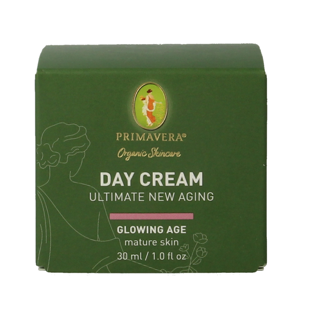 Primavera Day Cream Glowing Age 30 for face, 30ml, featuring a sleek jar with a pastel-colored lid and fresh botanical ingredients
