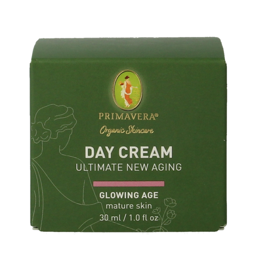 Primavera Day Cream Glowing Age 30 for face, 30ml, featuring a sleek jar with a pastel-colored lid and fresh botanical ingredients