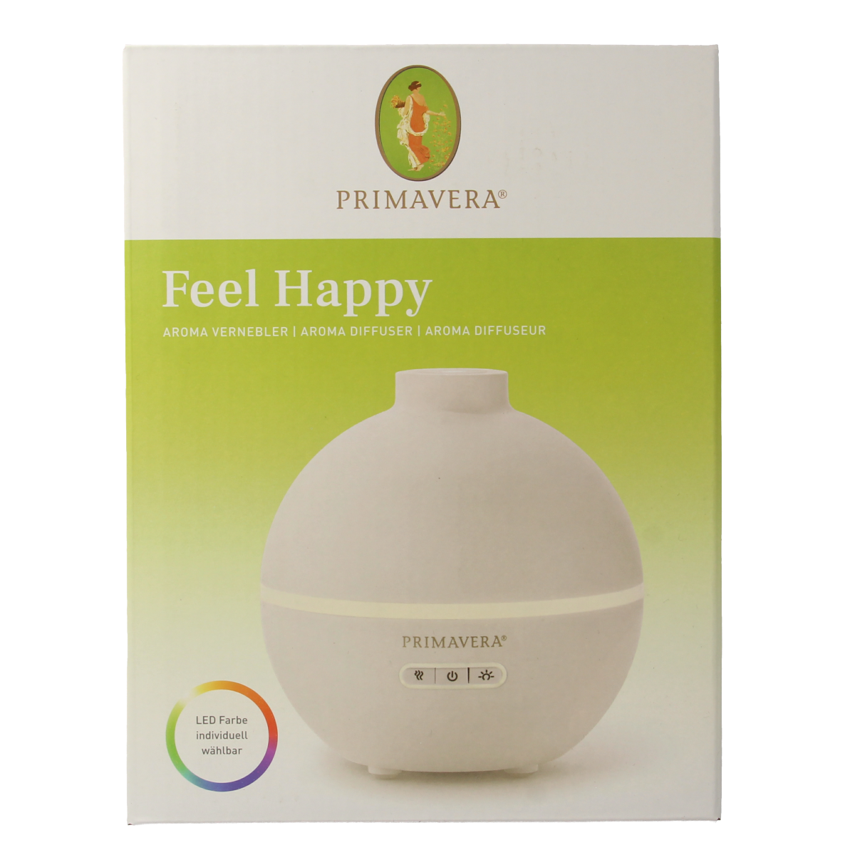 Primavera aroma diffuser with essential oils, showcasing the Feel Happy scent in a clear glass bottle.