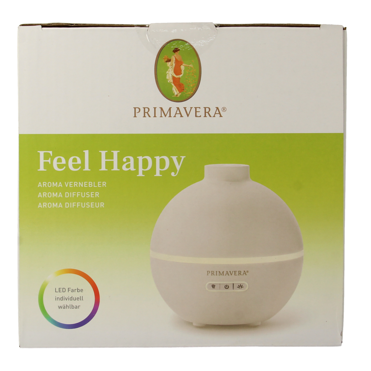 Primavera Aroma diffuser with essential oils, featuring a sleek design and colorful mist, used to create a calming atmosphere.