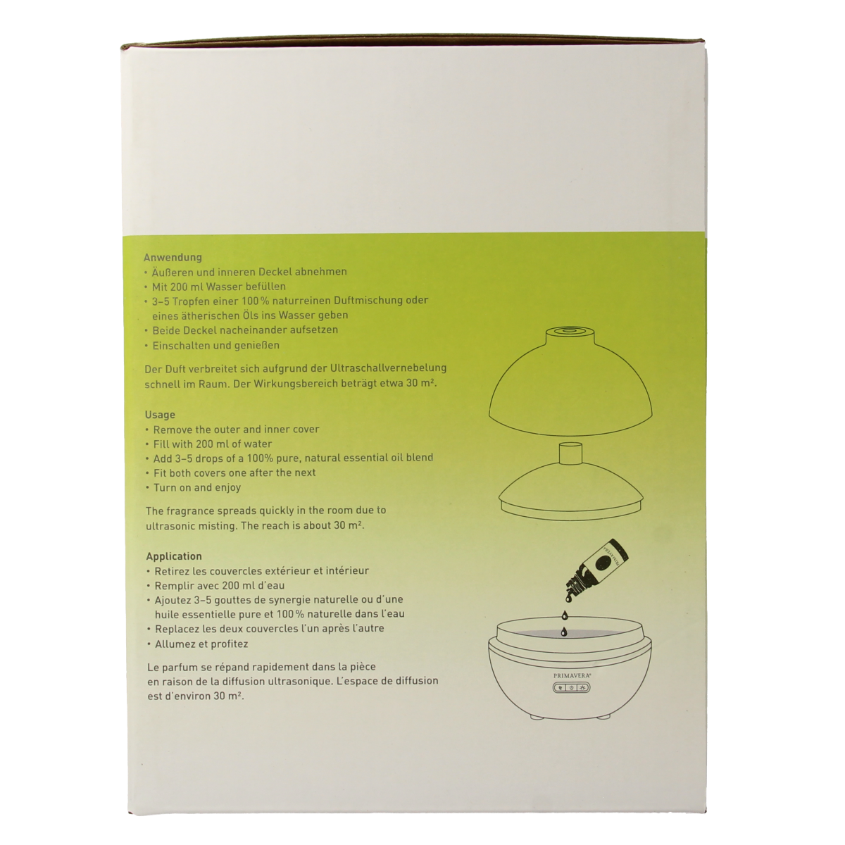 Primavera Aroma diffuser with a bottle of Primavera essential oils for aromatherapy and mood enhancement.