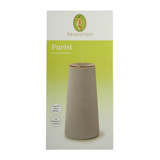 Primavera Aroma diffuser purist with essential oils, featuring a sleek design and clear glass container for aromatic diffusion.