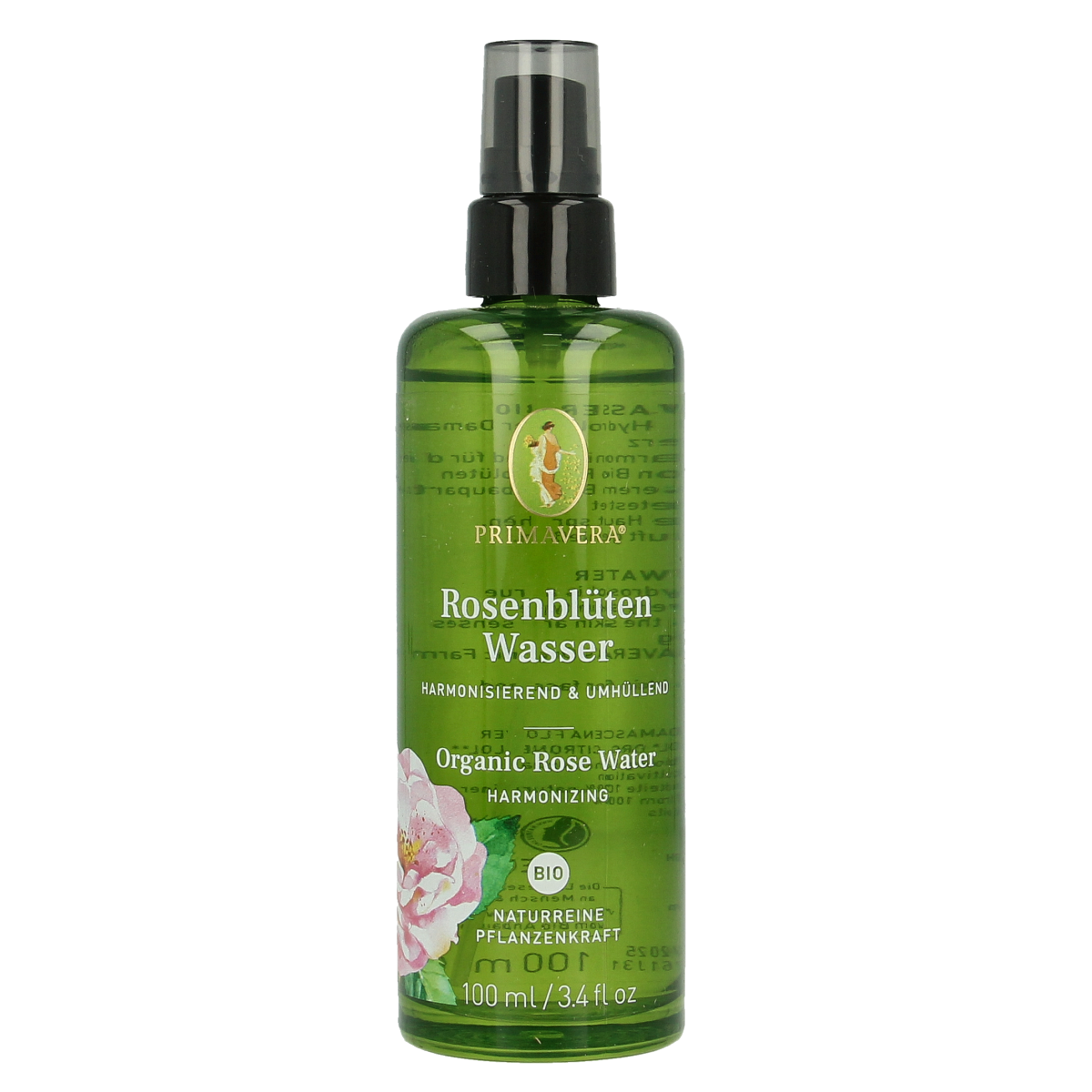 Primavera Rose Water Bio in 100ml bottle, natural floral water for skincare and aromatherapy, featuring fresh rose scent.