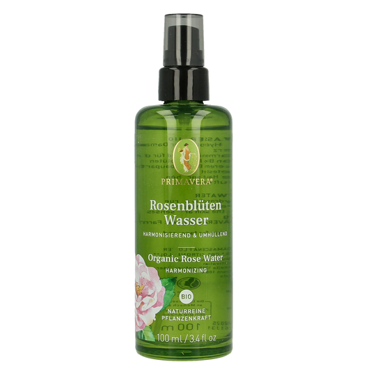 Primavera Rose Water Bio in 100ml bottle, natural floral water for skincare and aromatherapy, featuring fresh rose scent.