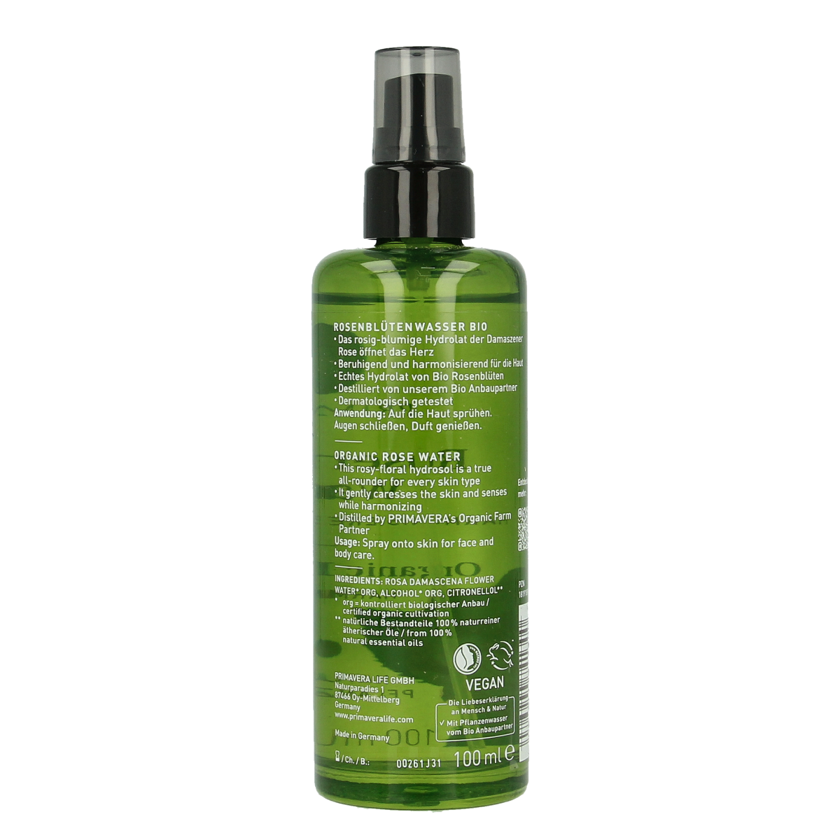 Primavera Rose Water Bio 100ml bottle of aromatic essential oil, featuring a clear container with a rose-colored liquid.