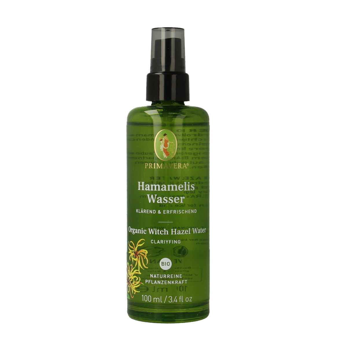 Primavera Witch Hazel Water bio in a 100ml bottle, natural herbal extract for skincare and soothing applications.
