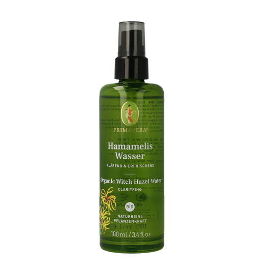 Primavera Witch Hazel Water bio in a 100ml bottle, natural herbal extract for skincare and soothing applications.