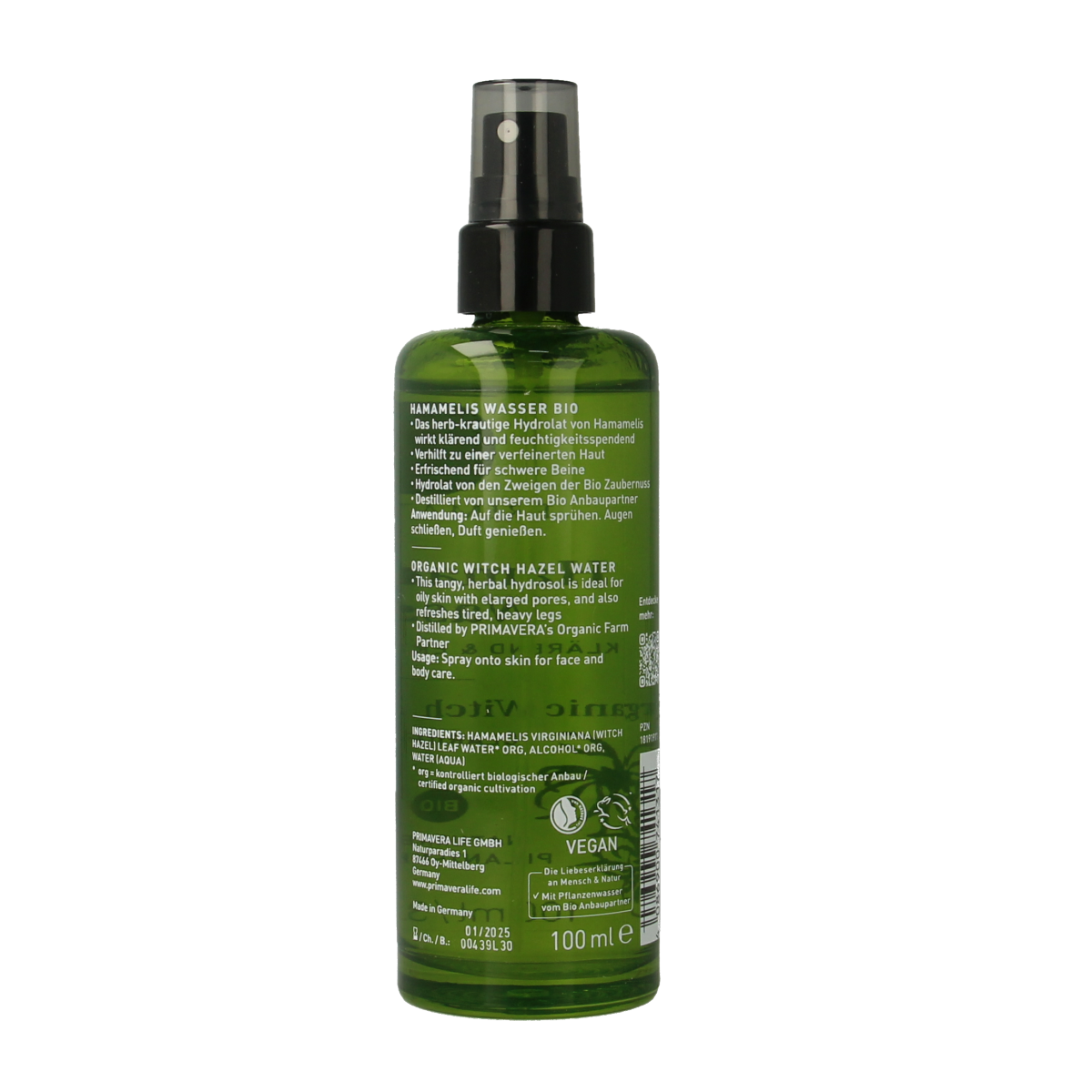 Primavera Witch Hazel Water Bio in 100ml bottle, natural herbal infusion, ideal for skincare and soothing applications.