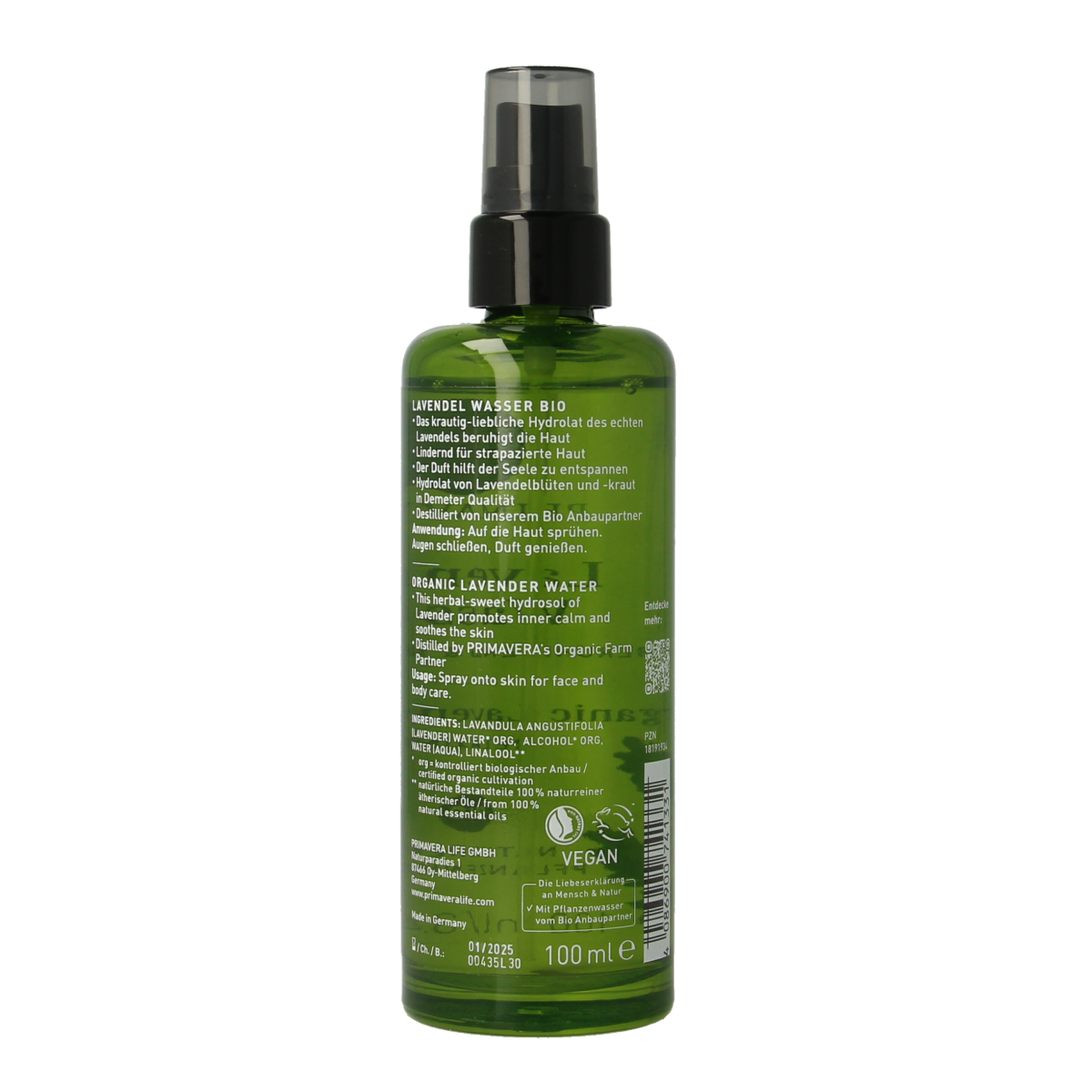 Primavera Lavender Water Bio 100ml bottle, natural essential oil with lavender flowers for soothing aromatherapy.