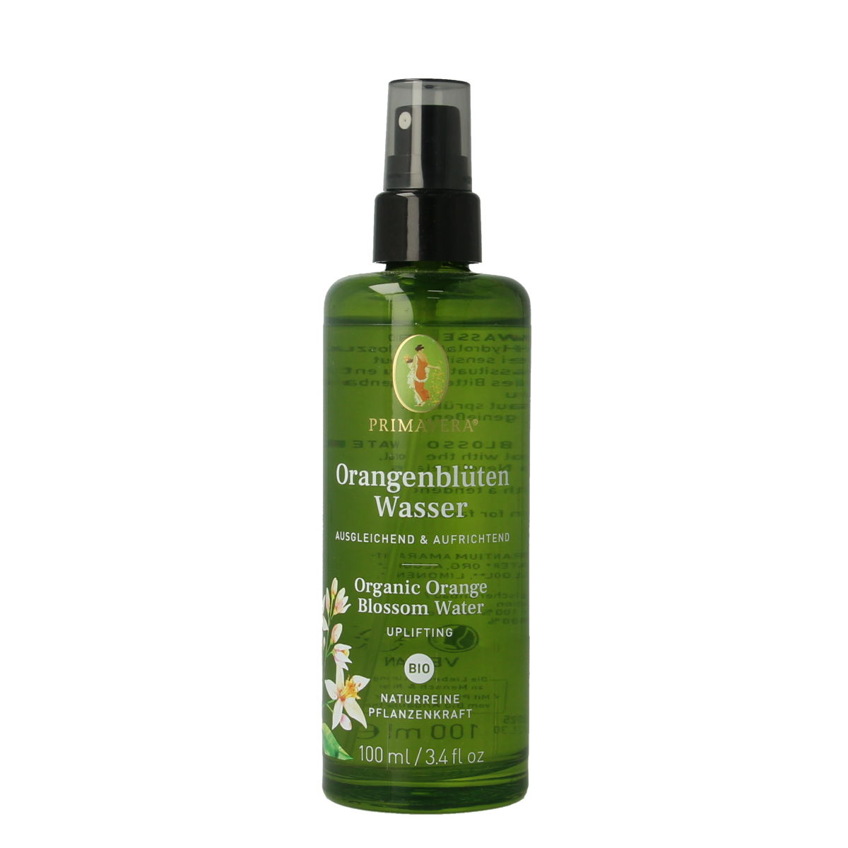 Primavera Orange Blossom Water bio in 100ml bottle, natural ethereal oil with floral aroma, for skincare and aromatherapy purposes.