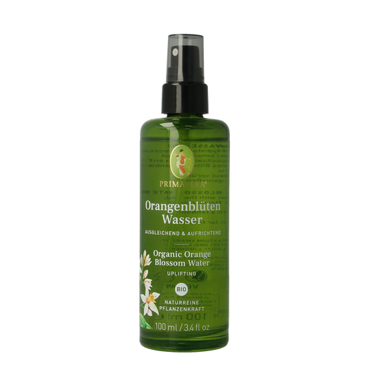 Primavera Orange Blossom Water bio in 100ml bottle, natural ethereal oil with floral aroma, for skincare and aromatherapy purposes.
