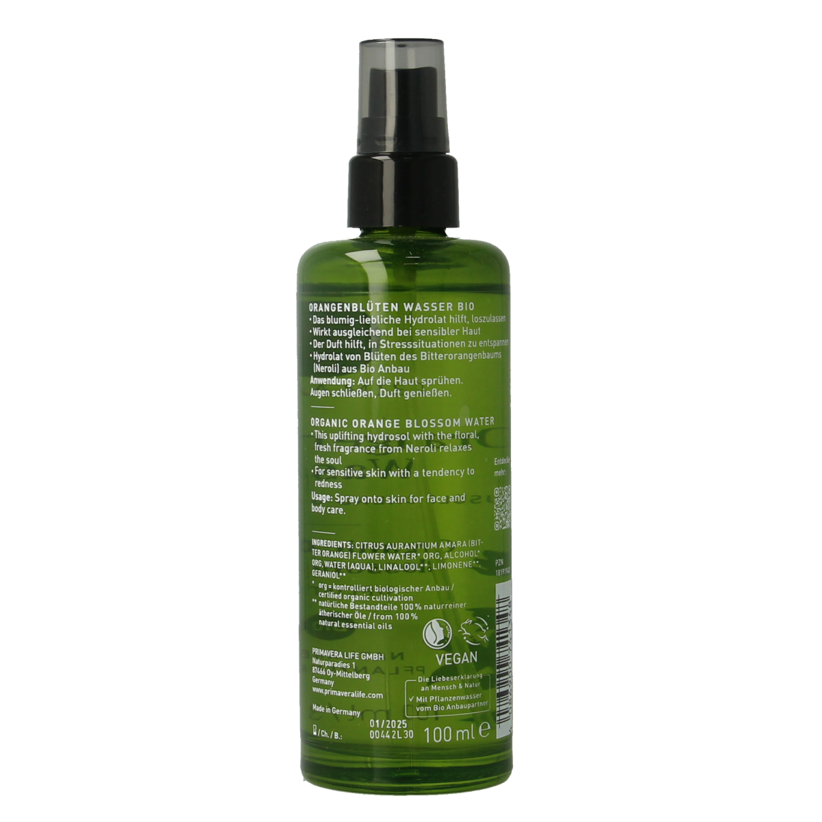 Primavera Orange Blossom Water Bio 100ml, natural floral distillate from orange blossoms, in a clear glass bottle.