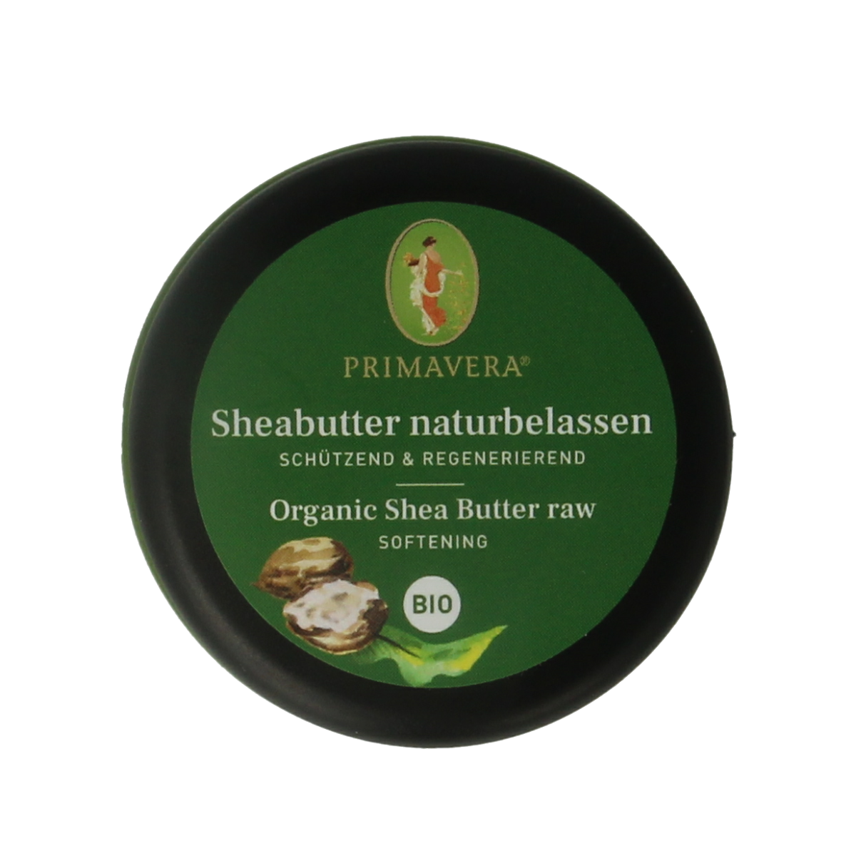 Primavera Shea butter raw bio body care product in 45ml jar, natural and nourishing skincare for the skin.