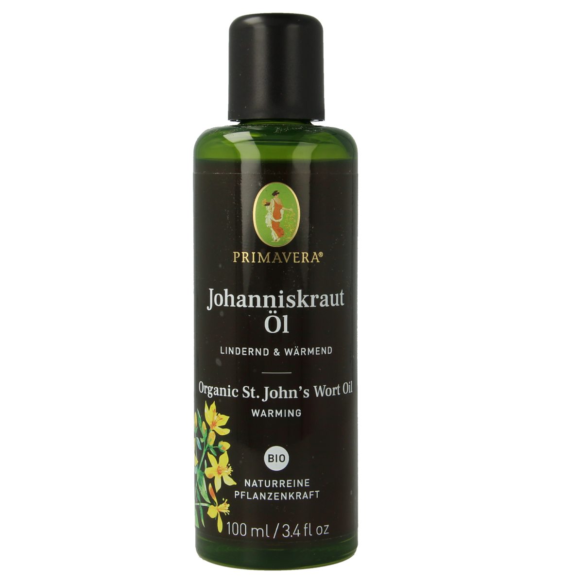 Primavera St John's Wort oil in 100ml bottle, natural herbal etherische olie with golden liquid and herbal label.