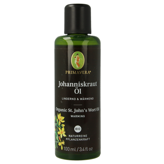 Primavera St John's Wort oil in 100ml bottle, natural herbal etherische olie with golden liquid and herbal label.