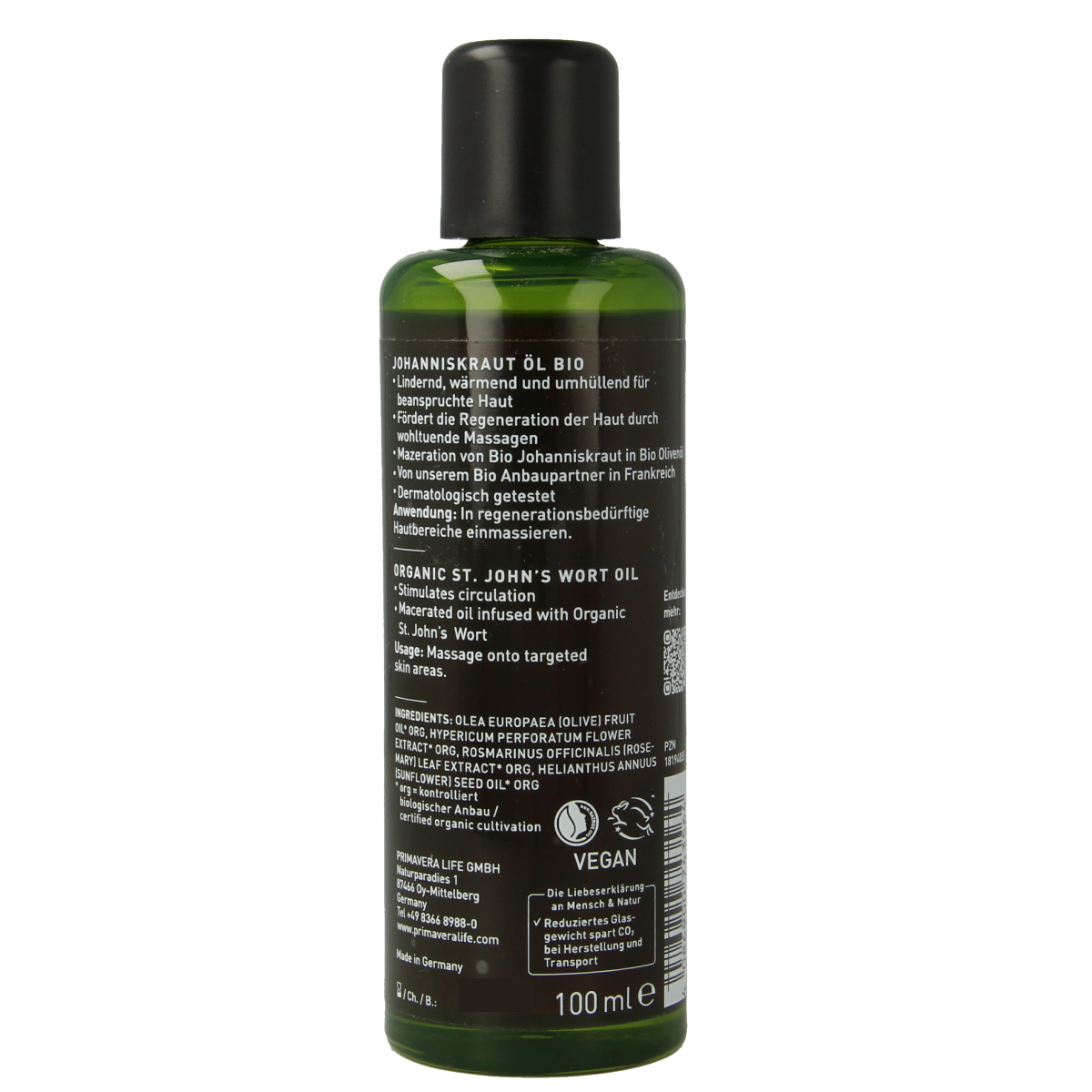 Primavera St. John's Wort essential oil in a 100ml amber bottle, with a label showing the product name and botanical illustrations.