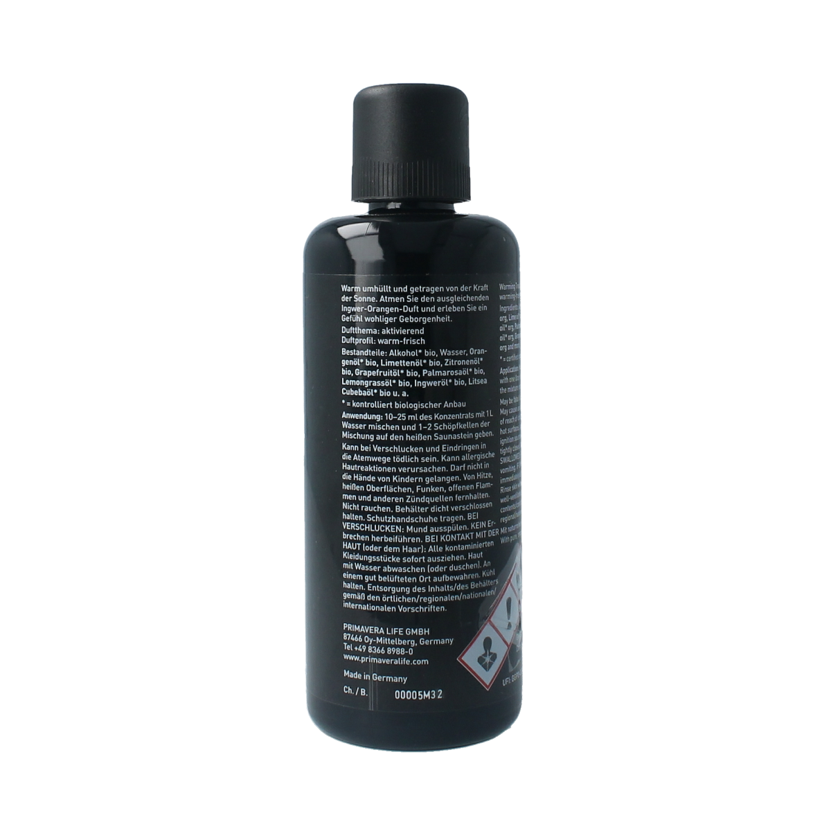 Primavera Warming Treat Aroma Sauna bio essential oil in 100ml bottle, natural etherische oliën for relaxing aromatherapy.
