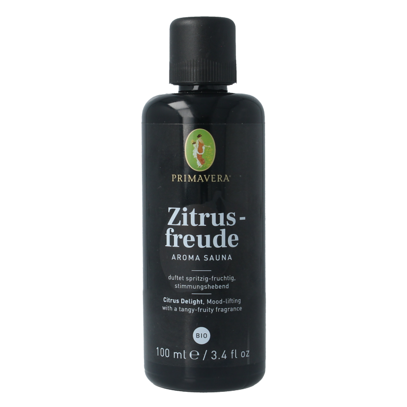 Primavera Citrus Delight Aroma Sauna Bio essential oil in 100ml bottle, featuring fresh citrus scent for relaxing aromatherapy sessions.