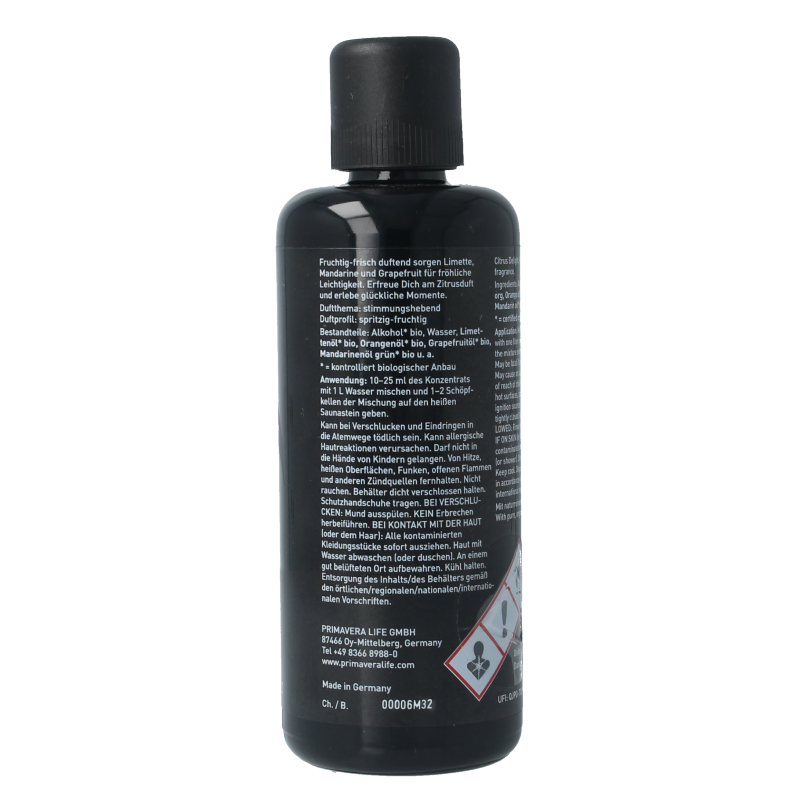 Primavera Citrus Delight aroma sauna bio essential oil in 100ml bottle, featuring vibrant citrus fruits and natural botanical ingredients.