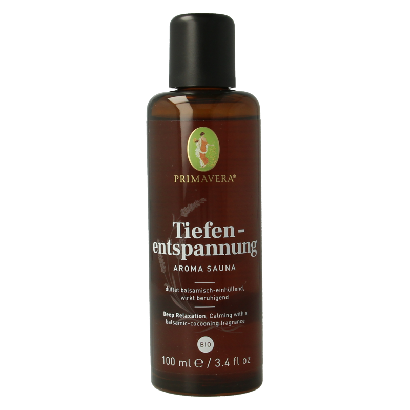 Primavera Sauna Therapy Deep Relaxation Bio essential oil in 100ml bottle, natural aromatic blend for relaxation and wellness.
