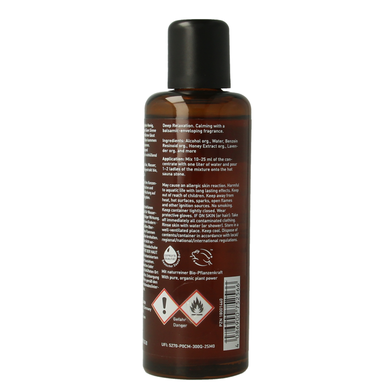 Primavera deep relaxation bio sauna therapy essential oil in 100ml bottle, amber glass with label and dropper cap