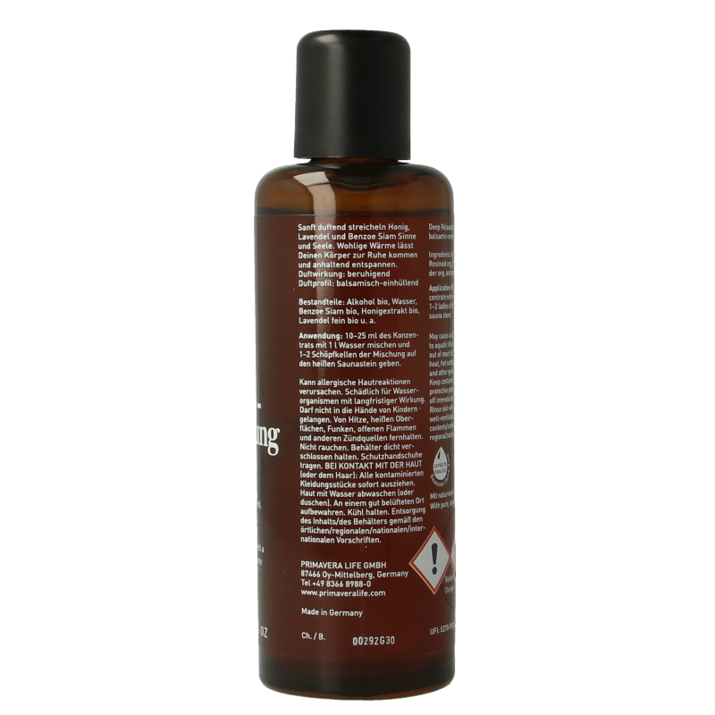 Primavera Sauna Therapy Deep Relaxation Bio essential oil in 100ml bottle, featuring natural herbal scent for relaxation.