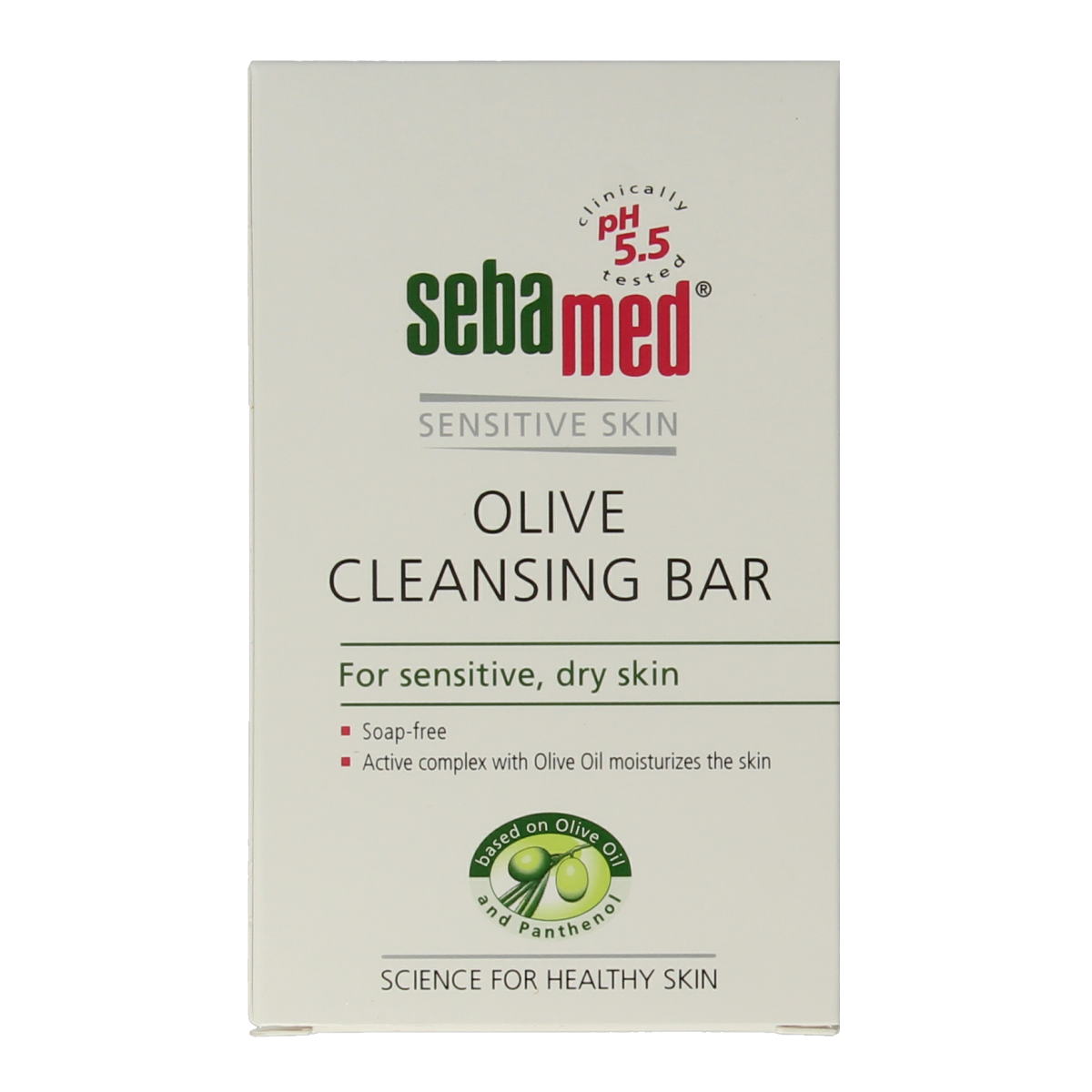 Sebamed zeepvrije olijf wastablet voor lichaamsverzorging, 150g, in witte verpakking with olive oil illustration