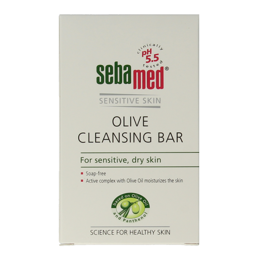 Sebamed zeepvrije olijf wastablet voor lichaamsverzorging, 150g, in witte verpakking with olive oil illustration
