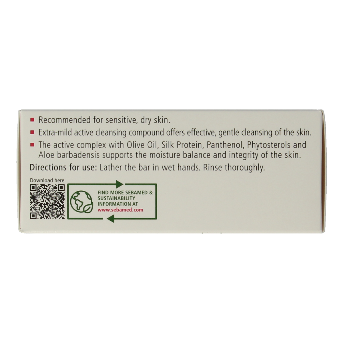 Sebamed Zeepvrije wastablet olijf for body care, 150g, in a clear container showing the olive extract and tablet form.