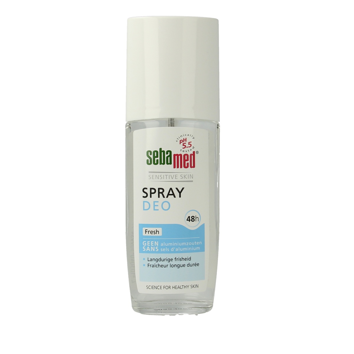 Sebamed Deodorant spray fresh 75ml bottle with pump dispenser, featuring a sleek design and clear labeling.