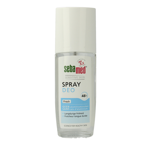 Sebamed Deodorant spray fresh 75ml bottle with pump dispenser, featuring a sleek design and clear labeling.