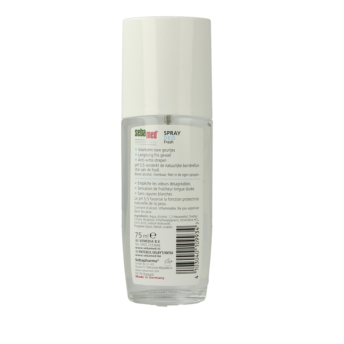 Sebamed deodorant spray in 75ml bottle, fresh scent, with a sleek white container and spray nozzle, designed for underarm freshness.