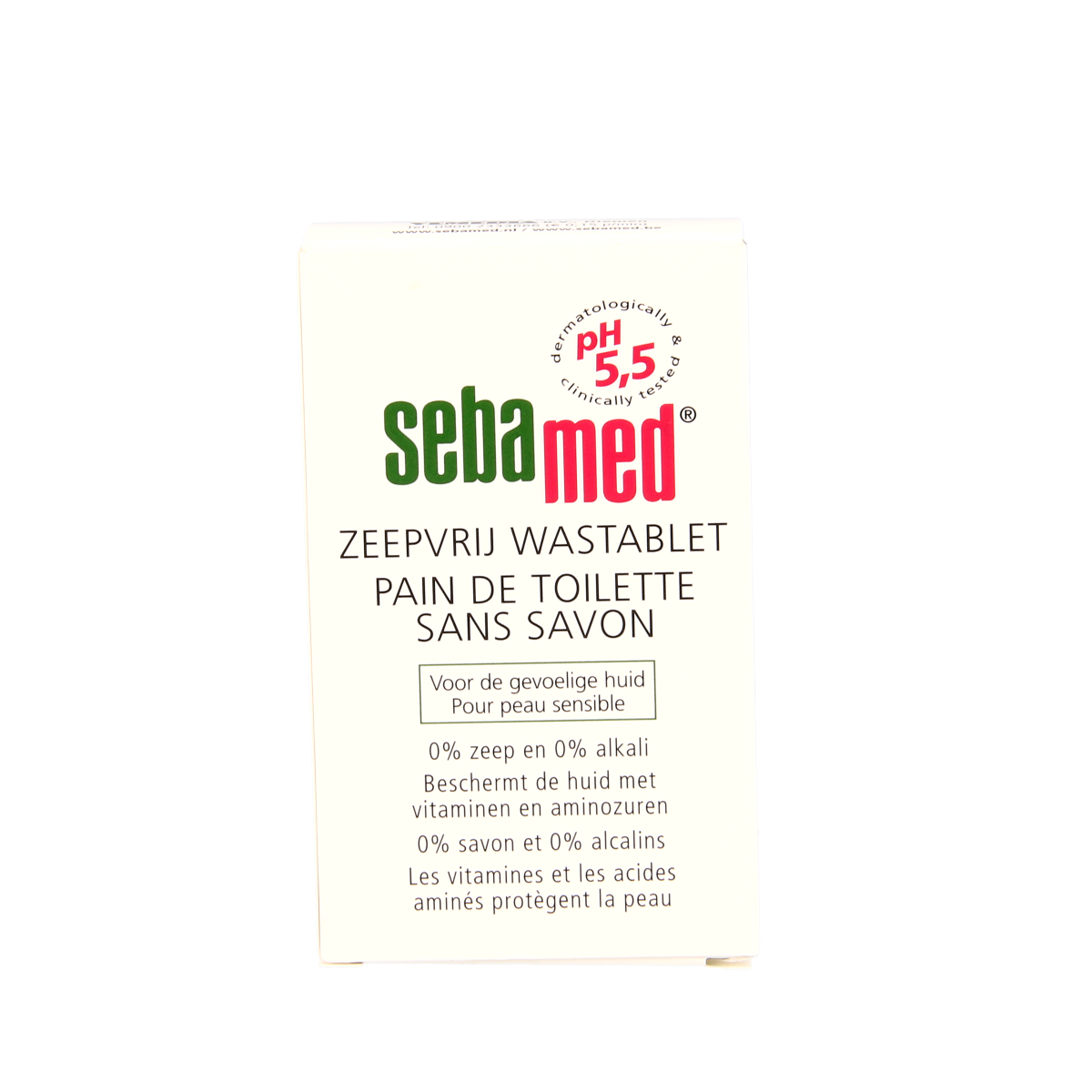 Sebamed washable soap tablet, 150 grams, soap-free cleansing product with a compact, rectangular shape and light blue packaging.
