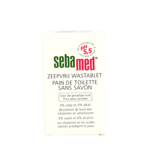 Sebamed washable soap tablet, 150 grams, soap-free cleansing product with a compact, rectangular shape and light blue packaging.