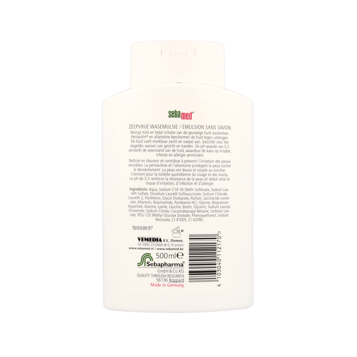 Sebamed Zeepvrij wasemulsie 500ml bottle, gentle bath and shower product with clean, natural appearance