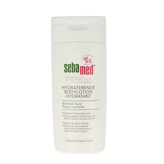 Sebamed body lotion 200ml bottle, moisturizing body care product with a clean, clinical design for smooth skin