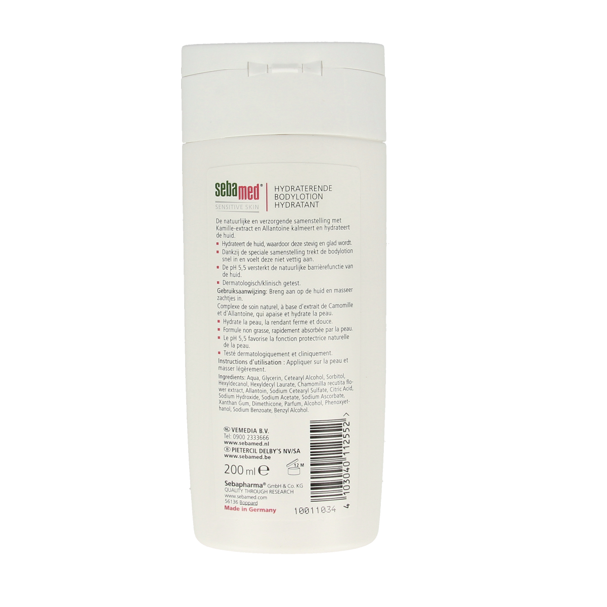Sebamed body lotion 200ml bottle, moisturizing skincare product for smooth, healthy skin, labeled as Lichaamsverzorging.
