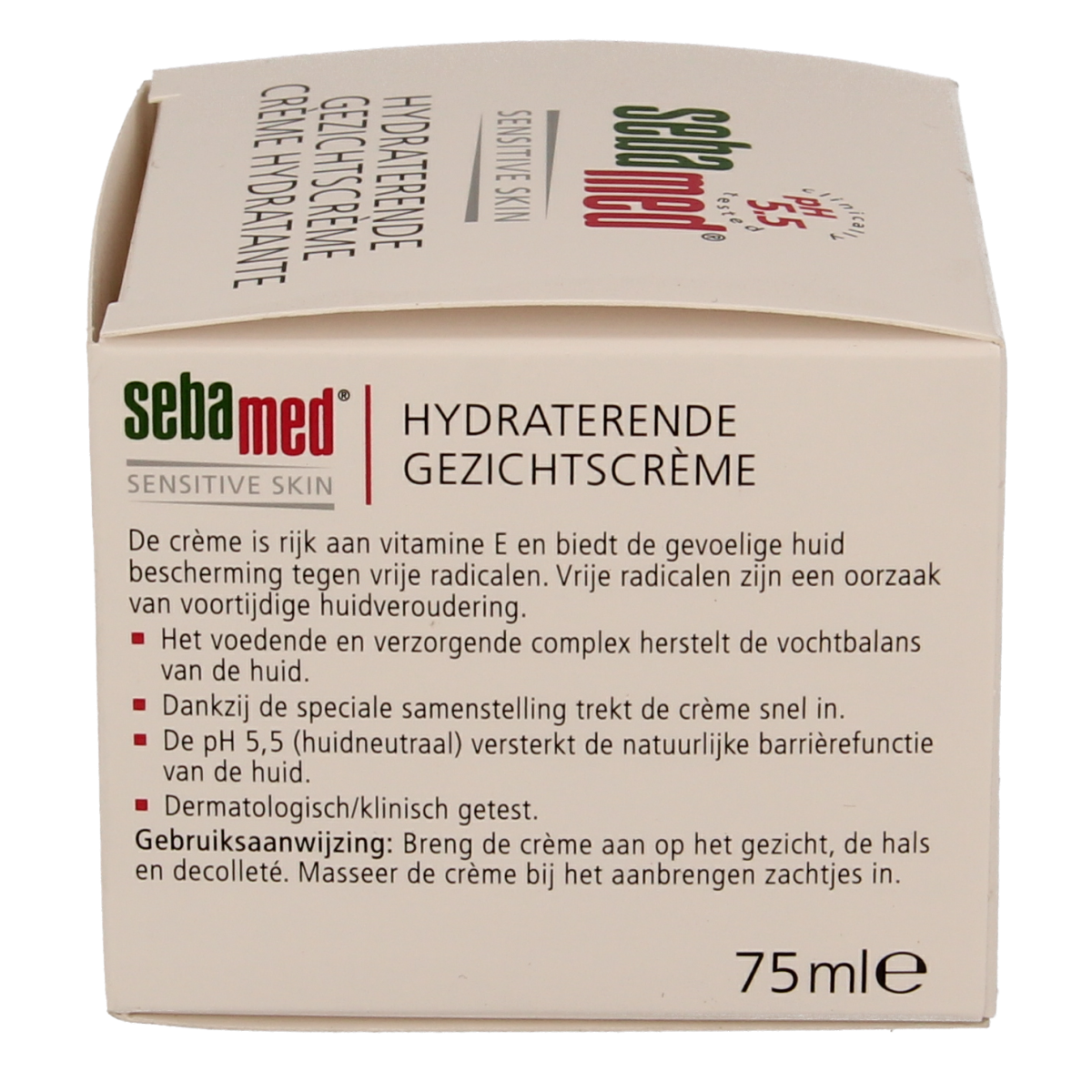 Sebamed body cream in a 75ml pot with smooth, creamy texture, suitable for gentle skin care and hydration.