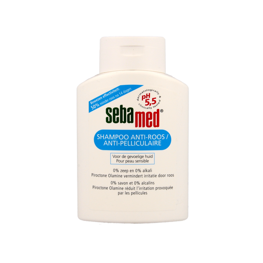 Sebamed anti-dandruff shampoo bottle with 200ml volume, showcasing the product for hair care and scalp health.