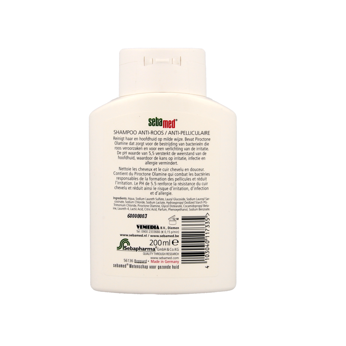 Sebamed anti-dandruff shampoo in 200ml bottle, gentle haircare product for scalp health, with visible label and packaging