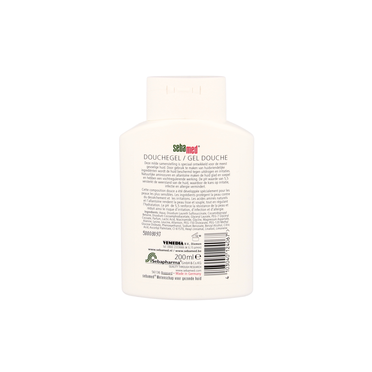 Sebamed Bad en Douchegel 200ml bottle with label, gentle skin cleanser for daily use in a clear plastic container.