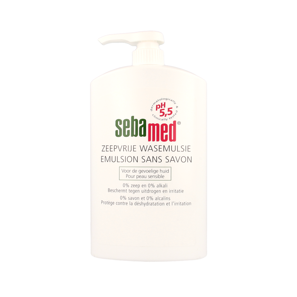 Sebamed Zeepvrij wasemulsie pomp for bath and shower, 1-liter bottle showing the pump and product label.