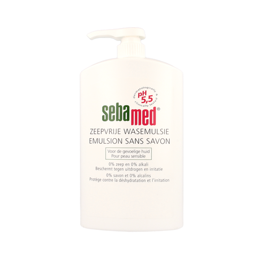 Sebamed Zeepvrij wasemulsie pomp for bath and shower, 1-liter bottle showing the pump and product label.